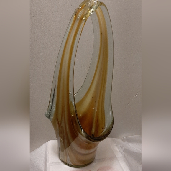 Vintage 15" Stretch Art Glass Basket Vase Browns Swirls Hand Blown Glass - Picture 5 of 9
